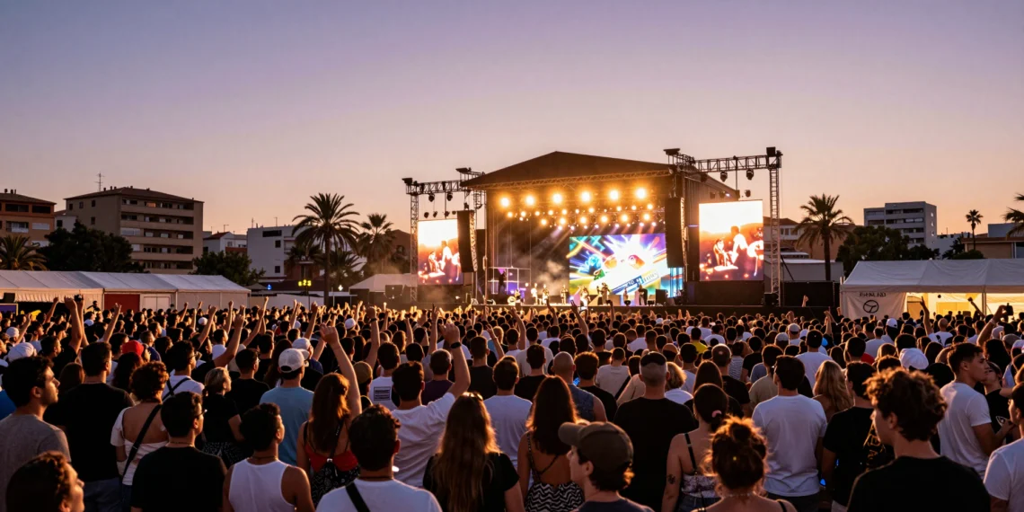 Multitud en festival de música al aire libre al atardecer en Torrent, Valencia, con escenario iluminado y ambiente eléctrico