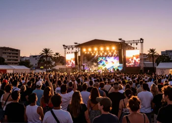 Multitud en festival de música al aire libre al atardecer en Torrent, Valencia, con escenario iluminado y ambiente eléctrico