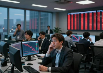 Analista financiero ante pantallas con gráficos en caída en sala de trading durante crisis bursátil de empresas de IA
