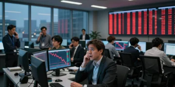 Analista financiero ante pantallas con gráficos en caída en sala de trading durante crisis bursátil de empresas de IA