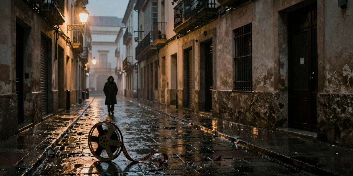 Calle empedrada de Murcia en noche lluviosa con carrete de película abandonado y silueta en la niebla