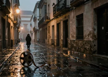 Calle empedrada de Murcia en noche lluviosa con carrete de película abandonado y silueta en la niebla