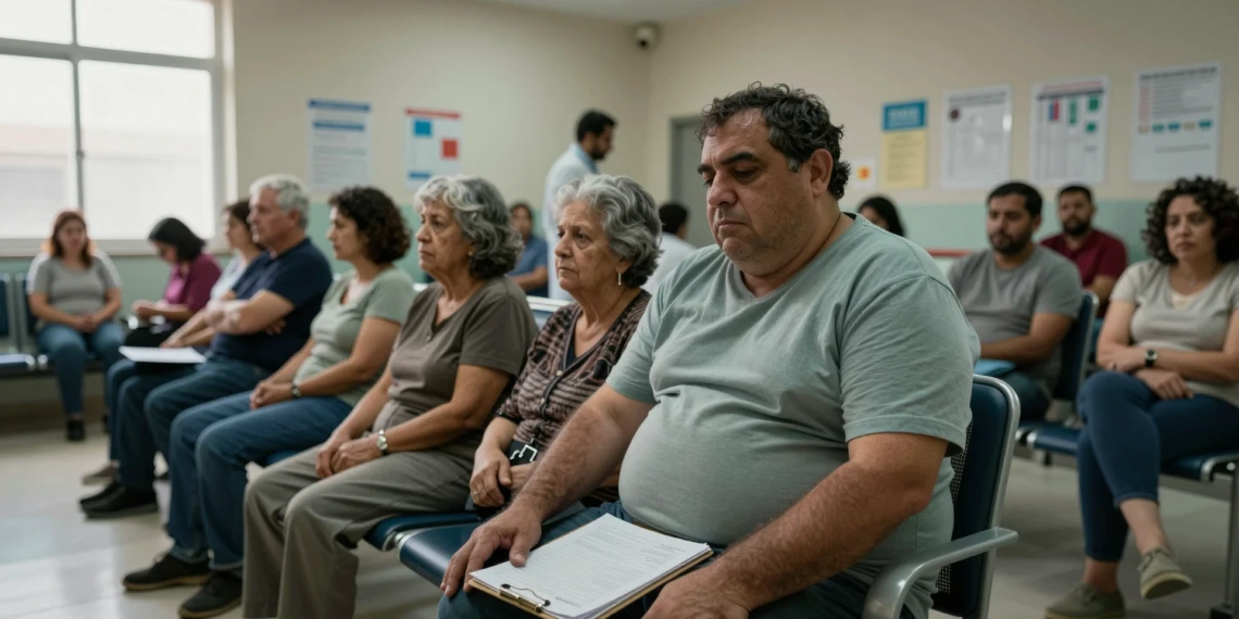 Hombre con sobrepeso espera en sala de centro de salud público en Murcia, símbolo del riesgo cardiovascular crónico