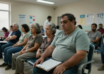 Hombre con sobrepeso espera en sala de centro de salud público en Murcia, símbolo del riesgo cardiovascular crónico