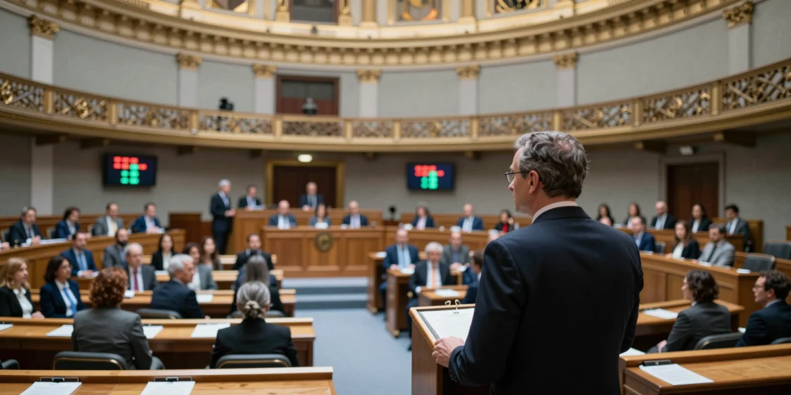 Ministro del Gobierno en el podio del Congreso de los Diputados durante votación de la senda de déficit
