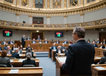 Ministro del Gobierno en el podio del Congreso de los Diputados durante votación de la senda de déficit
