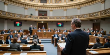Ministro del Gobierno en el podio del Congreso de los Diputados durante votación de la senda de déficit
