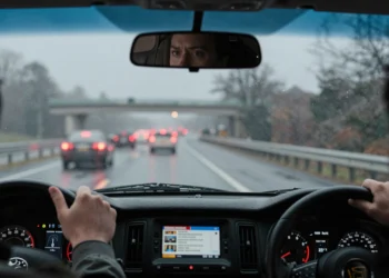 Conductor distraído en autopista mojada al amanecer, ojos reflejados en retrovisor tras un tiroteo masivo