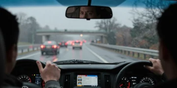 Conductor distraído en autopista mojada al amanecer, ojos reflejados en retrovisor tras un tiroteo masivo