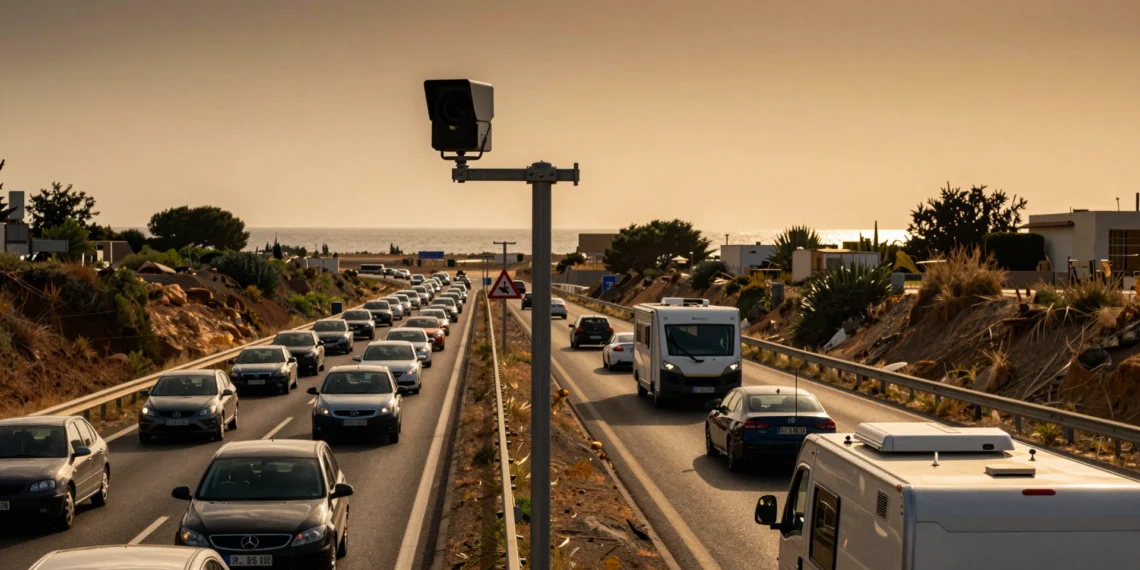 Radar fijo de control de velocidad en una autopista española con tráfico intenso de verano al atardecer