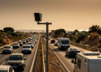 Radar fijo de control de velocidad en una autopista española con tráfico intenso de verano al atardecer
