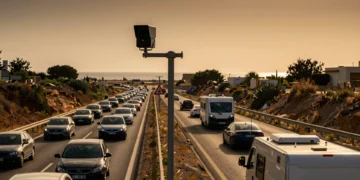 Radar fijo de control de velocidad en una autopista española con tráfico intenso de verano al atardecer