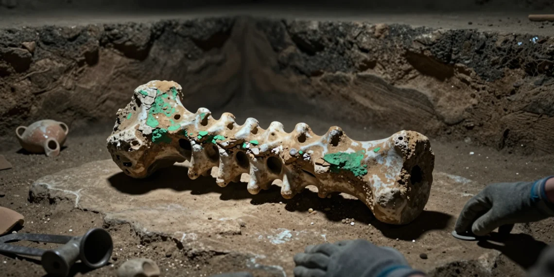 Vértebra fosilizada de ictiosaurio sobre superficie de piedra en excavación romana, con manos enguantadas de arqueólogo