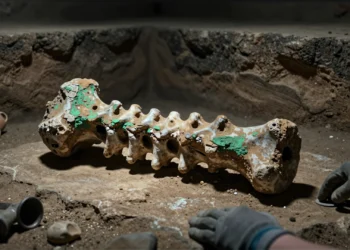 Vértebra fosilizada de ictiosaurio sobre superficie de piedra en excavación romana, con manos enguantadas de arqueólogo