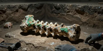 Vértebra fosilizada de ictiosaurio sobre superficie de piedra en excavación romana, con manos enguantadas de arqueólogo
