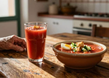 Vaso y cuenco de gazpacho andaluz sobre mesa de madera rústica, con pepino, huevo duro y picatostes