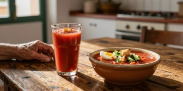 Vaso y cuenco de gazpacho andaluz sobre mesa de madera rústica, con pepino, huevo duro y picatostes