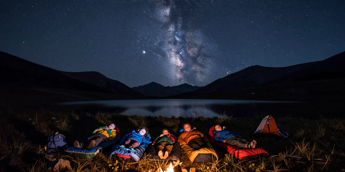 Familia con tres hijos durmiendo en sacos de dormir bajo un cielo estrellado en un prado alpino de montaña