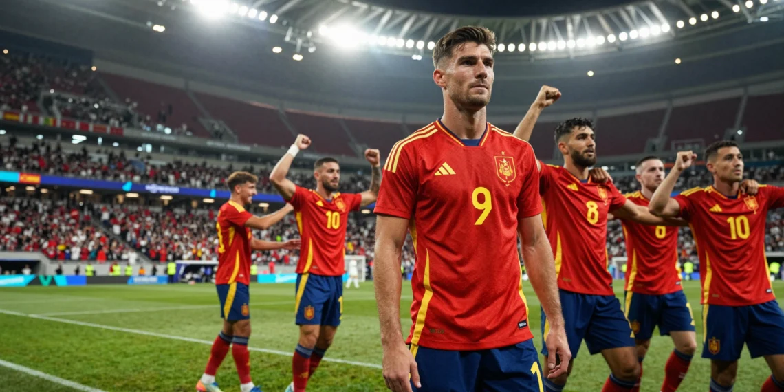 Oyarzabal, sereno entre la celebración de sus compañeros de la selección española durante un partido del Mundial 2026