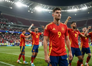 Oyarzabal, sereno entre la celebración de sus compañeros de la selección española durante un partido del Mundial 2026