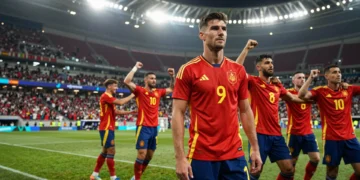 Oyarzabal, sereno entre la celebración de sus compañeros de la selección española durante un partido del Mundial 2026
