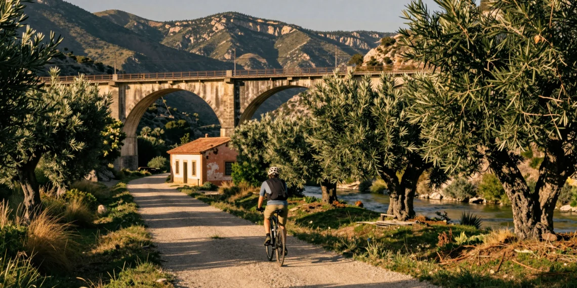 Ciclista en una vía verde española sobre antigua línea de ferrocarril, con viaducto de piedra y estación rural abandonada