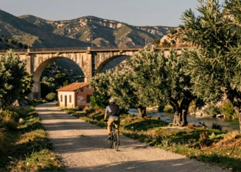 Ciclista en una vía verde española sobre antigua línea de ferrocarril, con viaducto de piedra y estación rural abandonada