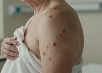 Persona mayor con lesiones cutáneas del herpes zóster en el torso, mostrando ampollas rojizas características en banda