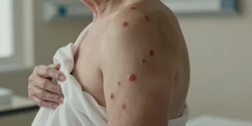 Persona mayor con lesiones cutáneas del herpes zóster en el torso, mostrando ampollas rojizas características en banda