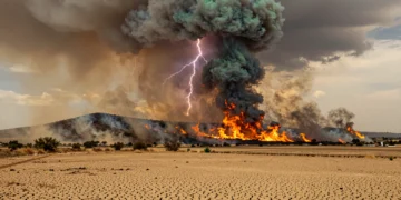 Paisaje apocalíptico en Murcia con incendio forestal, rayos y calor extremo de más de 44 grados
