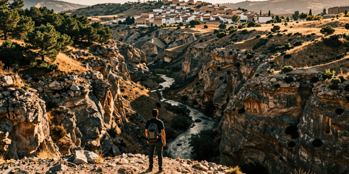 Senderista contemplando un cañón rocoso en el interior de Murcia, con sierras, pinares y un pueblo blanco al fondo
