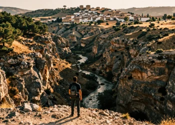 Senderista contemplando un cañón rocoso en el interior de Murcia, con sierras, pinares y un pueblo blanco al fondo