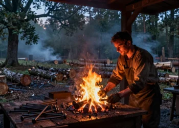 Herrero preindustrial forjando clavos de hierro en una fragua de carbón vegetal rodeada de bosque europeo deforestado