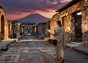 Mujer romana con estola y papiro ante las ruinas de Pompeya con el Vesubio al fondo bajo ceniza volcánica