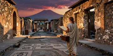Mujer romana con estola y papiro ante las ruinas de Pompeya con el Vesubio al fondo bajo ceniza volcánica