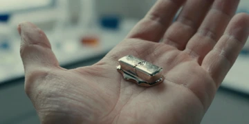 Lingote de galio derritiéndose en la palma de una mano, con metal líquido brillante sobre la piel en un laboratorio