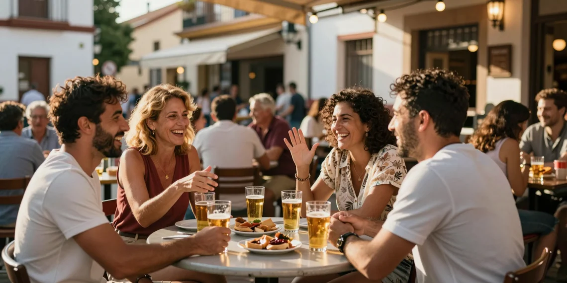 Grupo de deportistas en una terraza española tomando cañas y tapas bajo la luz dorada del sol mediterráneo
