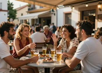 Grupo de deportistas en una terraza española tomando cañas y tapas bajo la luz dorada del sol mediterráneo
