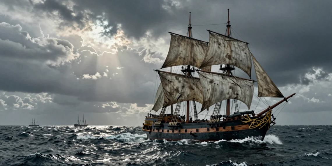 Navío de guerra español del siglo XVIII surcando el Atlántico en tormenta, con velas desplegadas y pabellón real español.