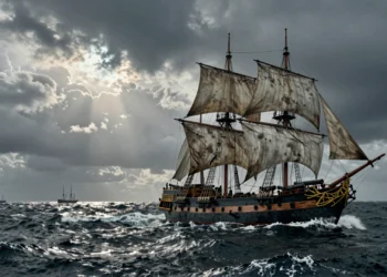 Navío de guerra español del siglo XVIII surcando el Atlántico en tormenta, con velas desplegadas y pabellón real español.