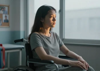 Joven en silla de ruedas en sala de rehabilitación mirando la luz de la ventana con expresión de esperanza