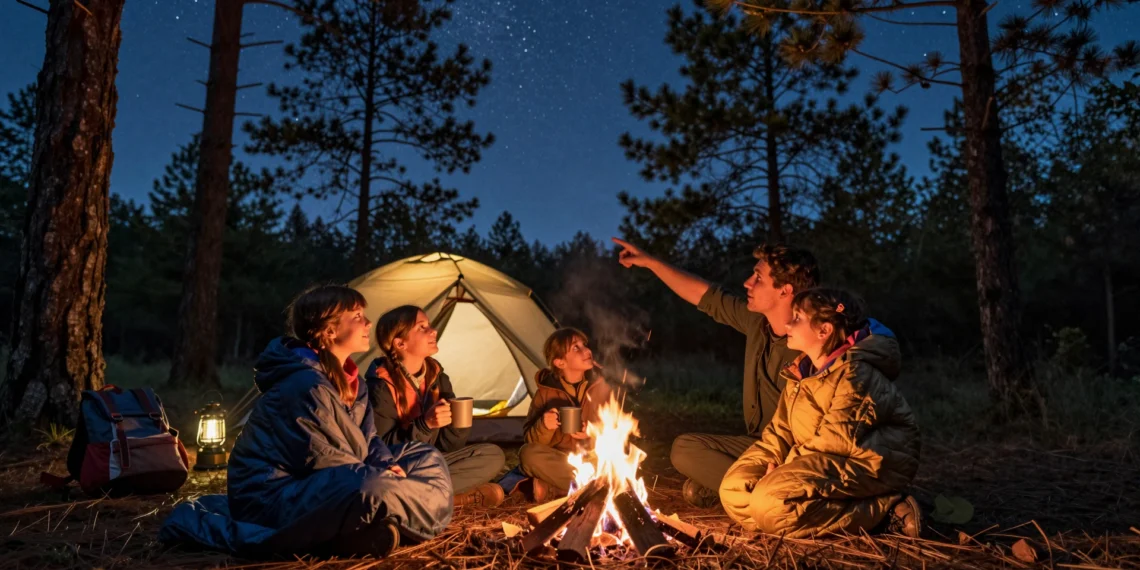 Familia con dos niños junto a una hoguera bajo un cielo estrellado, con una tienda de campaña al fondo en un claro del bosque