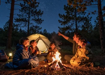 Familia con dos niños junto a una hoguera bajo un cielo estrellado, con una tienda de campaña al fondo en un claro del bosque
