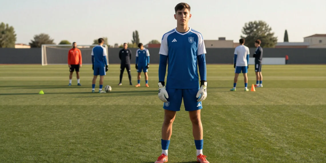 Hugo Barrachina, central de 19 años del Zaragoza, entrenando en un campo de fútbol español con equipación azul y blanca