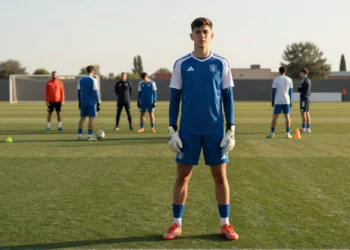 Hugo Barrachina, central de 19 años del Zaragoza, entrenando en un campo de fútbol español con equipación azul y blanca