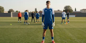 Hugo Barrachina, central de 19 años del Zaragoza, entrenando en un campo de fútbol español con equipación azul y blanca