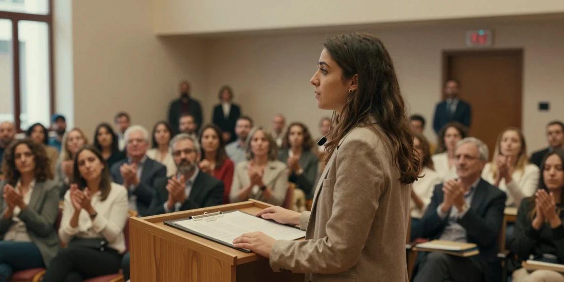 Joven exacogida habla en un podio ante una sala institucional en Murcia con expresión de fortaleza