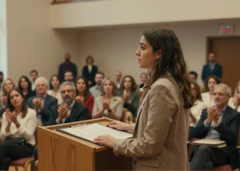 Joven exacogida habla en un podio ante una sala institucional en Murcia con expresión de fortaleza
