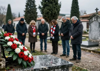 Aficionados del Sporting de Gijón rinden homenaje ante la tumba del fundador del club en un cementerio histórico español