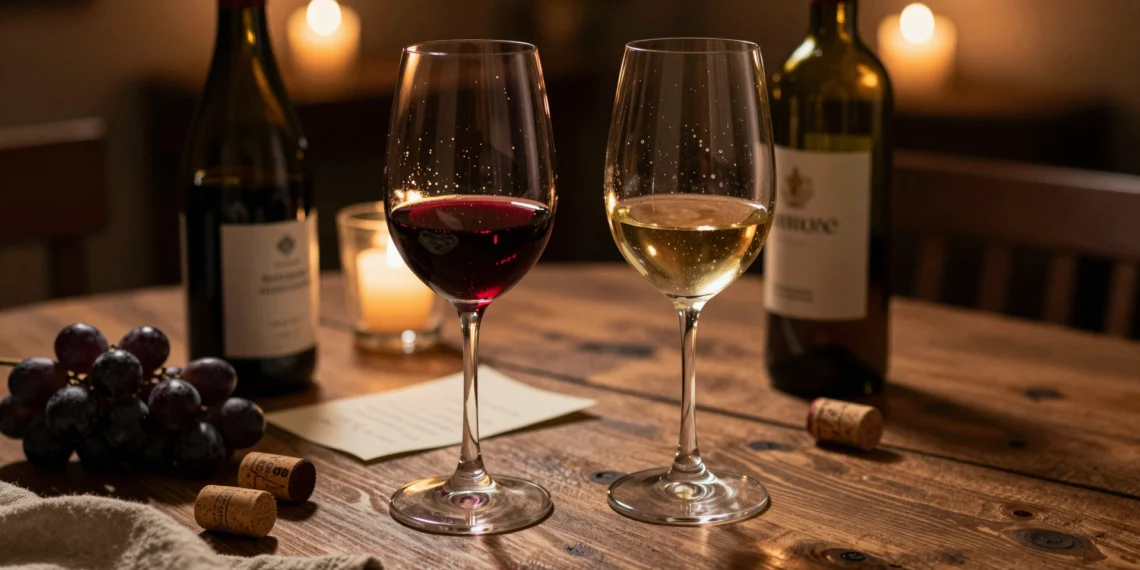 Dos copas de vino tinto y blanco sobre mesa de madera con velas, botellas descorchadas y uvas negras en mantel de lino